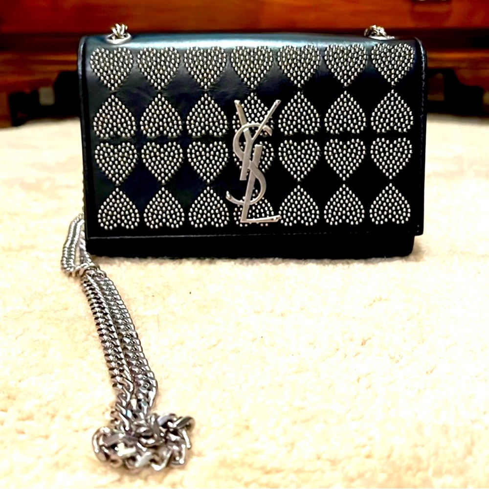 BNWT YSL Kate Monogram Small Heart-Studded Black Leather Crossbody Bag